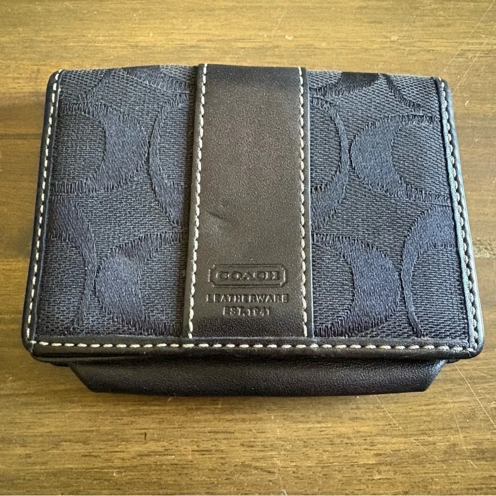 Coach Signature CC Wallet Black Canvas Fold Over Leather Card Holder Small
